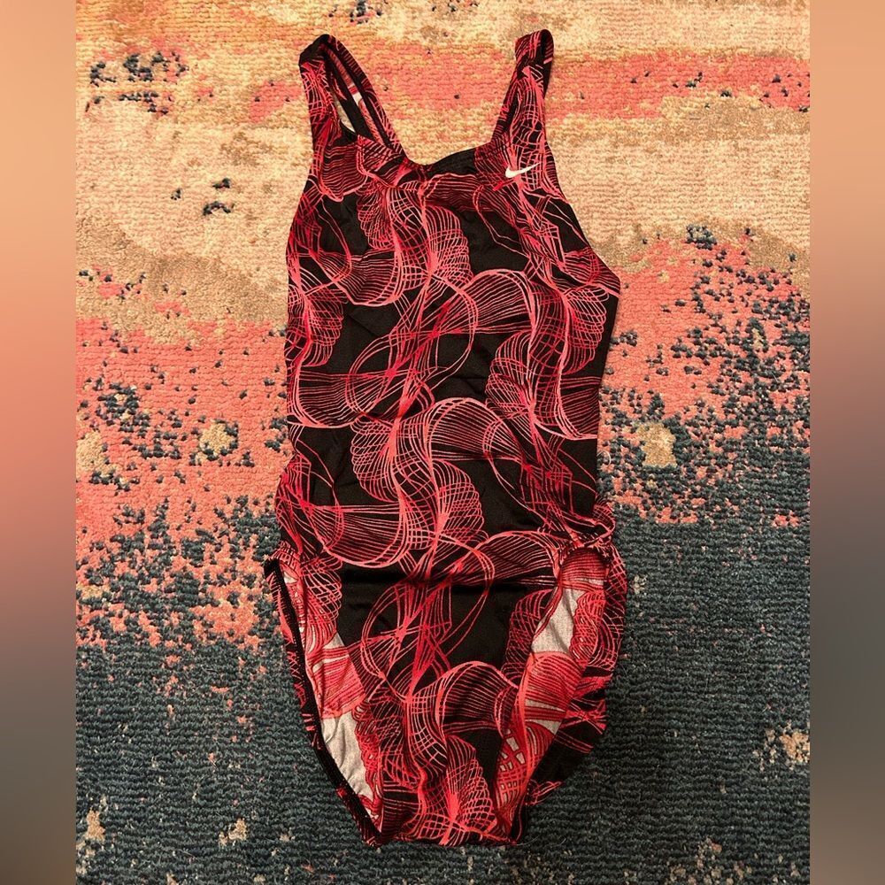 Nike Red and Black Swirl One-Piece Swimsuit